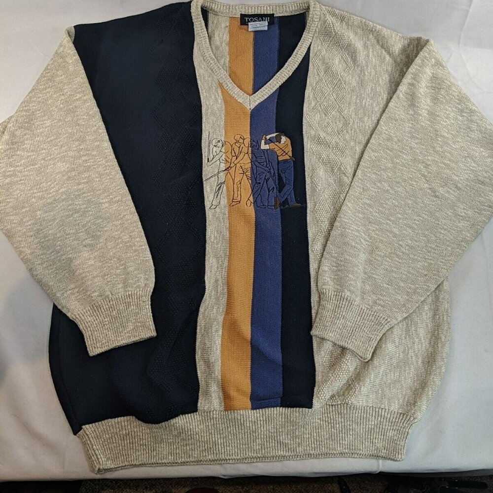 Vintage Tosani Embroidered Golf Knit V-Neck Sweater Men's L Large Striped Long